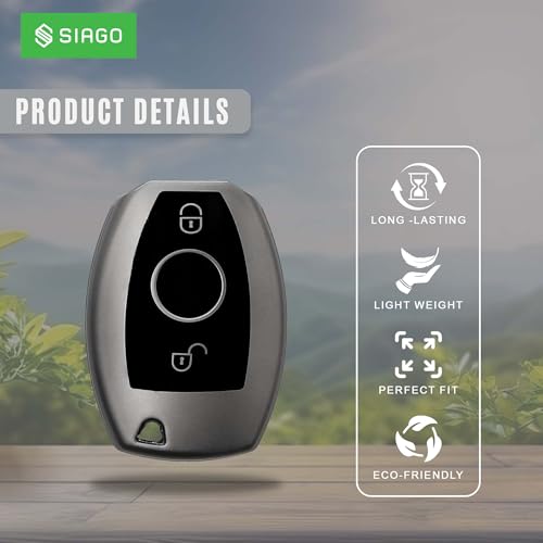 Image of SIAGO TPU Key Cover and Round Key Chain Compatible with Mercedes Benz A B C E G K R S Class AMG with 2 Button Flip Key (Grey)