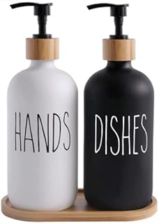 Beautiful Kitchen Hand and Dish Soap Dispenser Set with Wooden Base | Dispenses Dishsoap and Hand Wash Liquid | Black Fortified Glass Bottles with pump | Refillable | Stylish Black White