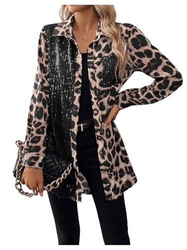 SOLY HUX Women's Leopard Print Sequin Shirt Button Down Long Sleeve Collared Y2k Blouse Tops4