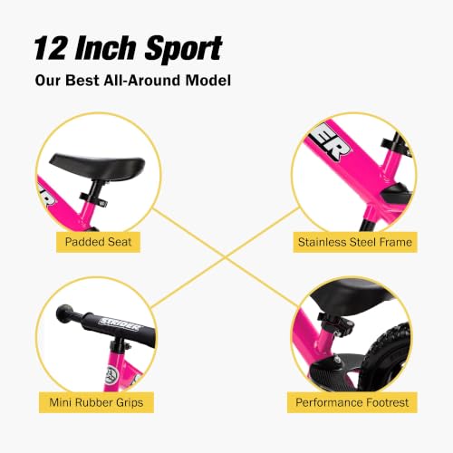 Image of Strider 12 Sport Bike, Pink - No Pedal Balance Bicycle for Kids 1 to 4 Years - Includes Safety Pad, Padded Seat, Mini Grips, Flat-Free Tires -Easy Assembly, Tool-Free Adjustments