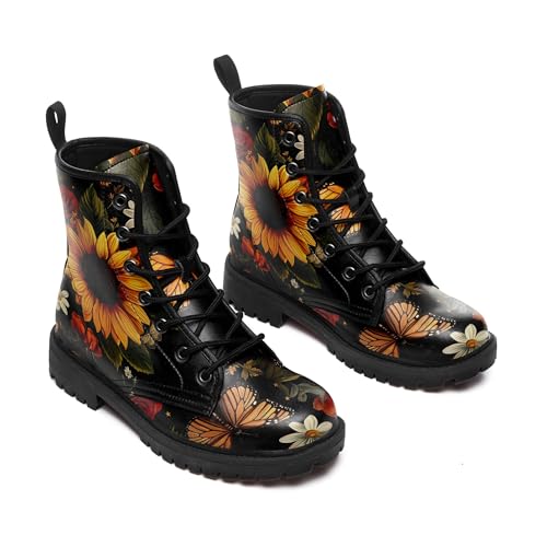 Women's Mid-Calf Combat Boots Leather Lace-Up Booties with Artistic Mushroom and Floral Patterns for Hiking,Daily Wear3