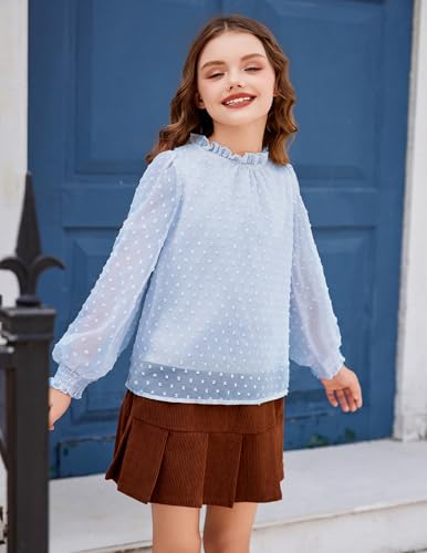 Image of Arshiner Girls Long Sleeve Shirts Chiffon Blouses Swiss Dot Frill Neck Top