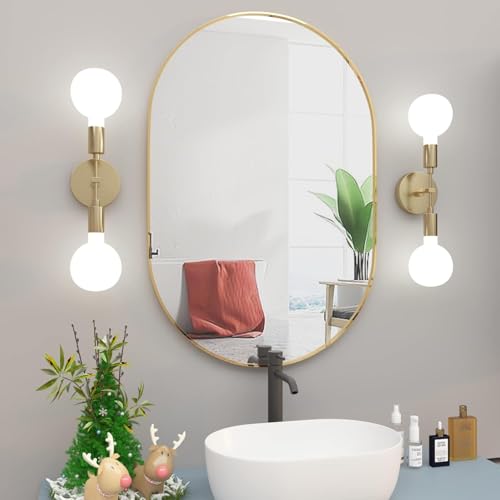 Image of Asymmetric Oval Wall Mirror with Durable Wooden Frame - 24 inchx16 inch (Golden) | Modern Decorative Wall Hanging Mirror for Bathroom, Basin, Living Room, Hostel Room & Dressing Table.