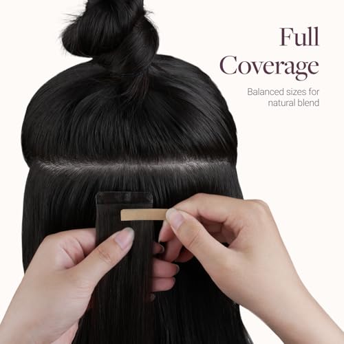 Image of GOO GOO Tape In Weft Hair Extensions Human Hair, 1B Natural Black, 8 inch /6 inch /4 inch /1.5 inch Wide Tape, 18inch 7pcs 110g, Tape Weft Hair Extensions, Real Human Hair, Seamless Tape in