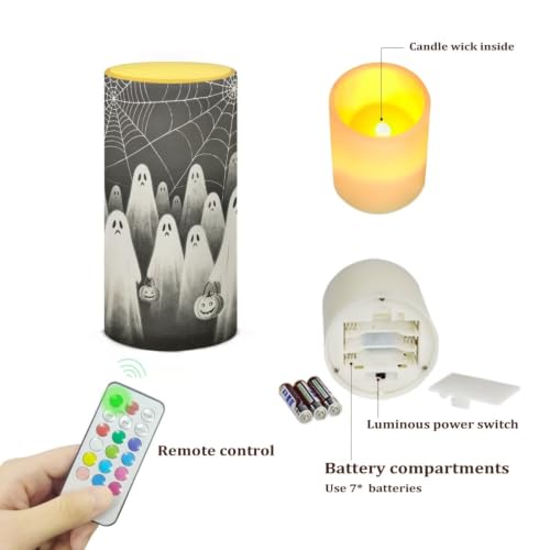 Image of Poceacles Flameless LED Candle Battery Powered Votive Lights Realistic Pillar Candle Decorative Tea Lights for Halloween Home Party Decor, Ghost Spider-Web Print Black Gray