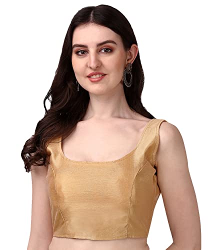 Vihu Fashion Liso Sin Mangas Patrón Readymade Blusa Cuello U Choli, Dorado, 34