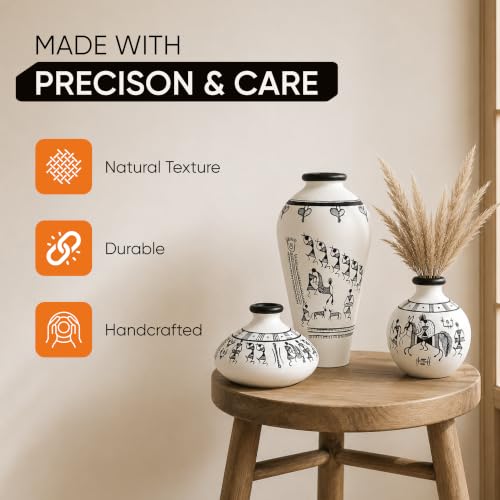 Image of Aakriti Art Creations Tribal Tales Terracotta Vase Set of 3 | Hand-Painted Warli Art White Flower Vases | Matte Finish Decorative Vases for Living Room, Table Decor & Gifting
