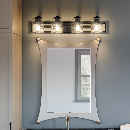 Image of Quoizel Lansdowne Modern Bath Vanity Lights, 32 Inch 4-Light Matte Black Lighting Fixtures Over Mirror, Clear Glass Shade, 100W, Decorative Wall Light for Bathroom, Dresser, Kitchen or Hallway