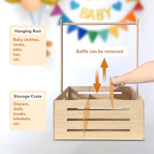 Image of fun-plus Super Size Baby Shower Crate Closet, Baby Shower Basket with Handle Baby Storage Crate, Wooden Crate for Pregnancy New Parent (Bamboo made)