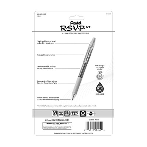 Rsvp Rt Pastel Barrel, Retractable Ballpoint Pen, (1.0Mm) Med, Assorted Ink (6-Pk) #TOP5