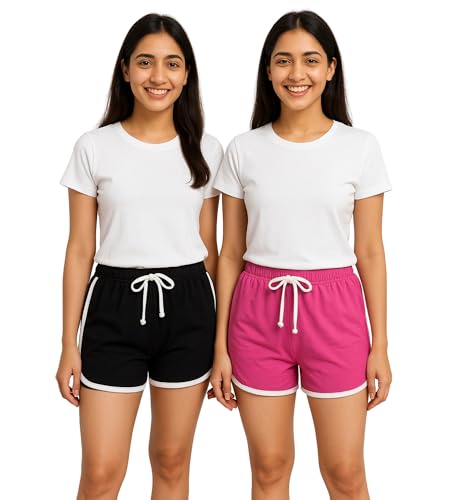 Image of Hangout Hub Women's Cotton Shorts | Boxer Half Pant with Sporty Stripe | Elastic Waist | Hypoallergenic Breathable Fabric | Sweat Absorbent Material | Gym Exercise Yoga Lounge Run Wear (Multi Color)