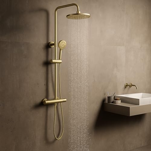 Thermostatic Shower Mixer Set Round Rainfall Shower Head with Adjustable Riser Rail Mixer Shower Bar for Bathrooms Brass Constructed (Brass)