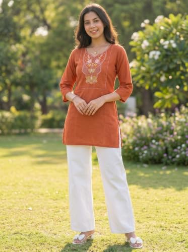 Image of Cotton Blend Embroidered Straight Kurta for Women | Cotton Blend | 3 /4 Sleeve | Round Neck V-Slit | Ethnic Wear Casual Wear