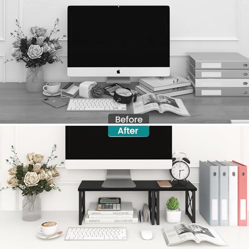 ELITEROO Wood Desktop Shelf, Freestanding Small Bookshelf Dorm Supplies Organizers, 2 Tier Independent Stackable Desk Stand, Adjustable Storage Organizer, Kitchen Counter Display Rack, Black - Image 5
