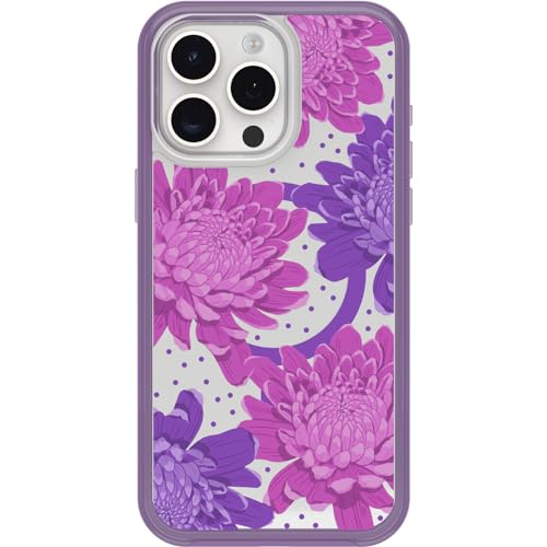 Image of OtterBox iPhone 15 Pro MAX (Only) Symmetry Series Clear Case - PAPERCUT FLOWERS (Purple), snaps to MagSafe, ultra-sleek, raised edges protect camera & screen