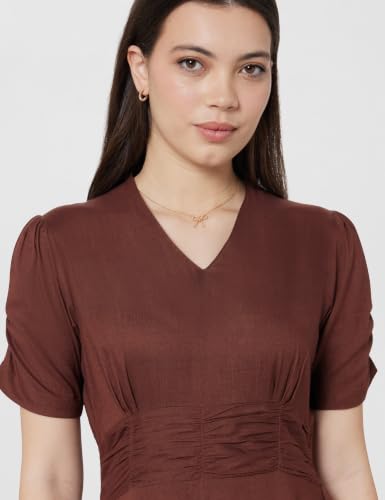 Image of Amazon Brand - Symbol Women's V-Neck Midi Dress | Ruched Waist, Puff Sleeves, A-Line Flared (Available in Plus Sizes)