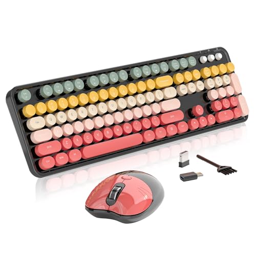 Image of Wireless Keyboard and Mouse, MOFII 104 Round Keycaps Retro Typewriter with OTG & Brush, Full-Size Ergonomic, Ideal for Windows PC, Home, Office and College Rainbow Red