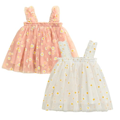 Image of TotzTouch Baby Girls Knee-Length Dress | Frock Cami Strap Flared Printed Net Sleeveless Gown