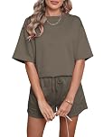 Famulily Lounge Wear Set for Women UK 2 Piece Summer Outfits Plain Short Sleeve Loose Track Suit with Drawstring Coffee L
