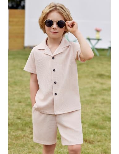 Image of Arshiner Toddler Boys 2 Piece Summer Outfits Waffle Knit Short Sleeve Button Down Shirt & Casual Shorts Sets Size 2-7