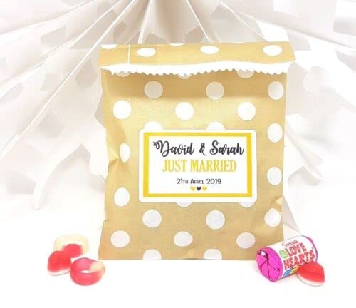 Personalised Wedding Favour Sweet Bags Birthday Candy Cart Striped Polka Dots | Gold Polka Dots - Just Married | 100