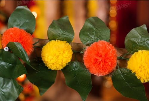Image of Divyakosh Mango Leaf Vine /Creeper with Marigold Flowers for Door Entrance Decor, 80 Inch Artificial Floral Thoran /Bandarwal /Galrand, Festive Hanging for Diwali Pooja Ganpati Navratri Home