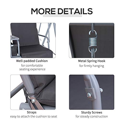 Outsunny 2 Seater Garden Swing Chair Patio Rocking Bench W/Tilting Canopy, Double Padded Seats, Storage Bag And Tray, Grey - 5