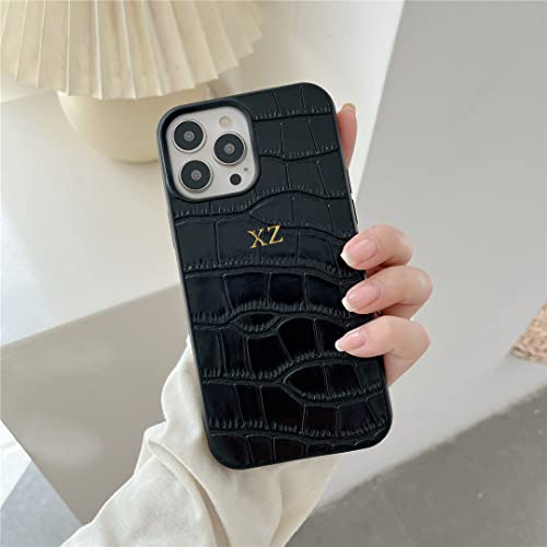 Personalise Gold Silver Initial Letters PU Leather Crocodile Case for iPhone 15 16 17 Pro Max 14 16 17 Pro 14 15 Plus 14 12 13 Pro Max 17 air X Xs Max 11 Pro Max XR Phone Case (Black)