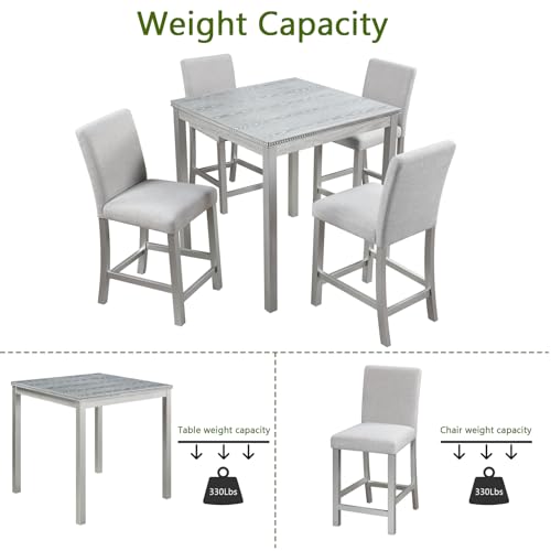 Image of KEIKI 5-Piece Counter Height Dining Table Set with Square Table and 4 Upholstered Chair, for 4 Person, Modern Crystal Decoration Wooden Table Set, Easy Assembly, for Kitchen, Dining Room, Silver Grey