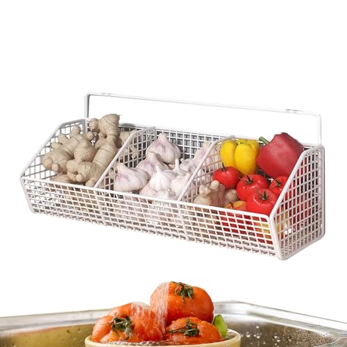 Cestas de pared para la cesta de de 3 compartimentos | Soporte de cocina montado en la pared, organizador de ahorro de espacio, ajo, jengibre, patata, verduras de despensa, soporte de red de