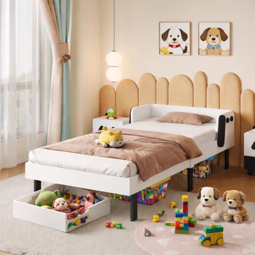 Hoscullo Cama infantil de 90 x 200 cm con protección anticaídas, cabecero con patrón de cachorros, cama individual para niños y niñas, cama individual para niños y niñas, color blanco