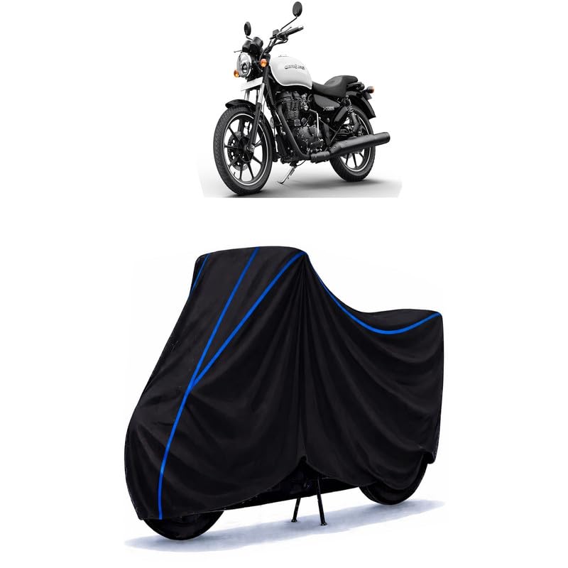 Image of Thunderbird 350X BS6 Bike Cover Water Resistant Universal Motorcycle Rain | Heavy Duty UV Protection, Dust, Scratch Indoor Outdoor All Weather with Black Blue Piping Elastic