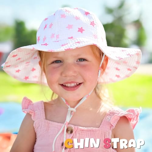 Image of HONGTEYA Baby Sun Hat Toddler Girl Beach Hat Sun Protection Adjustable Outdoor Summer Wide Brim Bucket Hat for Infant Kids