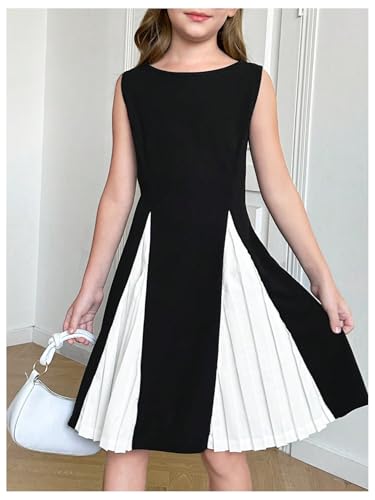 Verdusa Girl's Colorblock Tank Pleated Dress Crew Neck Flared Summer Dresses4