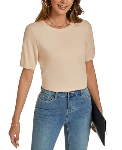 Image of Womens Short Sleeve Sweaters Tops Crew Neck Pullover Shirt Lightweight Knit Sweater Blouse