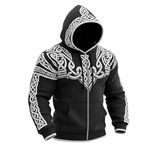 Generisch Chaqueta con cremallera para hombre, estampado de mito nórdico, tatuaje, suéter vikingo, disfraz de carnaval, cómodo jersey de invierno, suave sudadera con capucha para el día a día y el