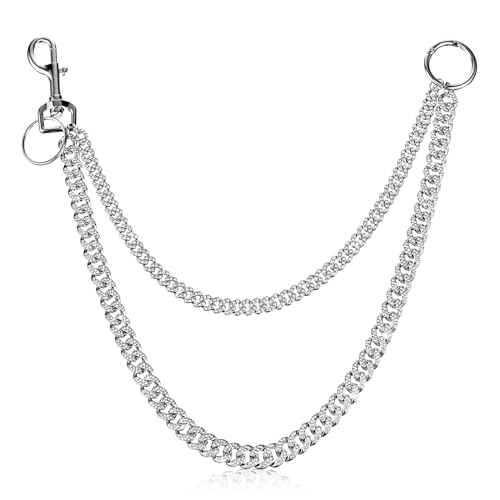 Batiyeer Rhinestone Wallet Chain Bling Metal for Men Women Motorcycle Pants Jeans Punk Silver Multilayer Chain with Keyring