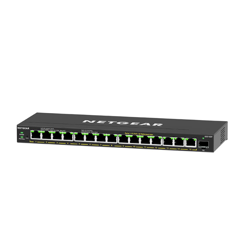 NETGEAR Switch PoE Gigabit Ethernet Plus a 16 porte (GS316EP) - Gestito con 15 x PoE+ @ 180W, 1 x porta SFP 1G, montaggio desktop/parete