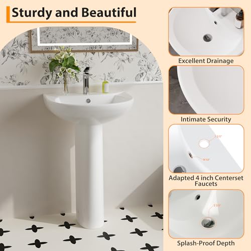 20" Bathroom Pedestal Sink - White Ceramic Vanity Sink with Overflow, Single Hole Faucet Pre-Drilled, Freestanding Restroom Sink Combo for Small Spaces