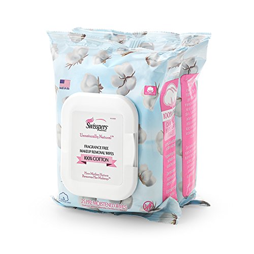 Swisspers Premium Pre-Moistened Makeup Removal Wipes, 100% Cotton, 2 Pack - 25 Count Each (50 Wipes Total)