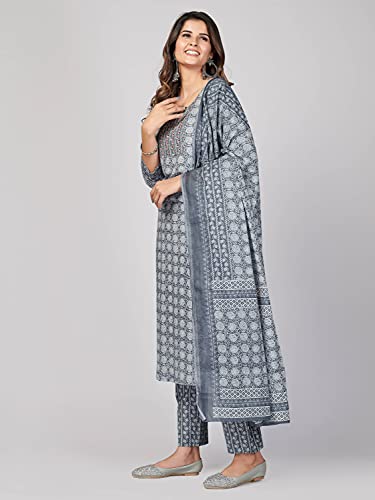 Image of Vbuyz Women's Printed & Embellished & Mirror Work Straight Cotton Stitched Kurta set | Straight Kurta Pant Dupatta | Kurta Set with Dupatta for Women | Suit Set | Ethnic Set | Printed Kurta Set