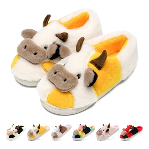 soofylia Women's Cow Slippers - Cotton Fuzzy Animal Print Cartoon Memory Foam Plush Slides - White, Brown - Size 6