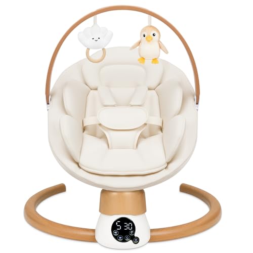Image of Baby Swings for Infants | Electric Portable Baby Swing with Bluetooth, 5 Swing Speed, 3 Timer Settings, 10 Melodies, 5-Point Harness & Remote Control | Indoor & Outdoor Newborn Swing (Beige)