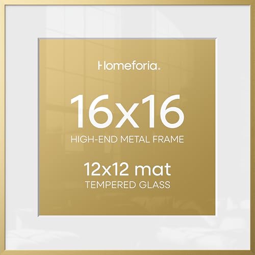 Image of Homeforia 16x16 Picture Frame Gold, High End Metal 16 x 16 Square Poster Frame with Mat 12 x 12 Photo, 16x16 Frame Matted to 12x12 Print, 16by16 Gold Hanging Frames, Tempered Glass, Wall Kit, Set of 1