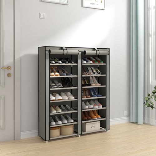 JIUYOTREE Double Row Shoe Rack Storage Organizer with Big Capacity,7-Tier Shoe Cabinet,Shelf,Closet with Nonwoven Fabric Cover for 28 Pairs of Shoes,Grey by JIUYOTREE - Used condition - Image 4