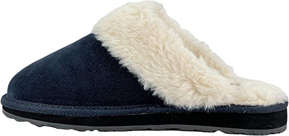 Image of Clarks Womens Open Back Suede Leather Comfort Clog Slipper JMS0583C - Plush Faux Fur Trim - Indoor Outdoor House Slippers for Women (Navy Premium Suede, 9)