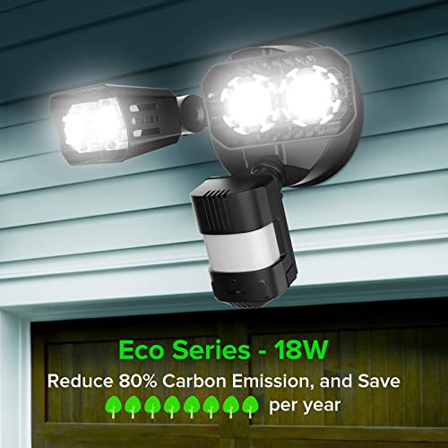 sansi eco series 18w 1800lm led motion sensor outdoor lights energy saving security light 200w equiv 5000k dusk to dawn flood light 50000 hours lifespan ip65 waterproof for yard doorway black