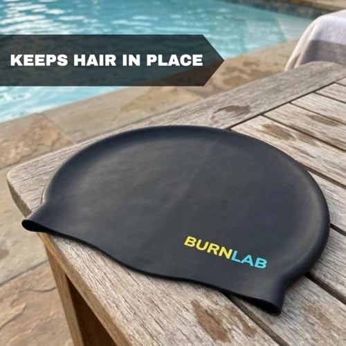 Image of Burnlab Silicone Swimming Cap for Pool Training and Daily Use, Comfortable Stretch Fit, Adult (Black Small Word)