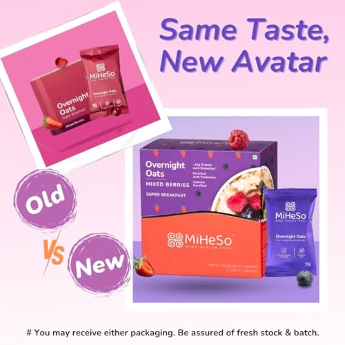Image of MiHeSo Overnight Rolled Oats Mixed Berries 420 G | Healthy Oatmeal Breakfast Within 15 g High Protein, Calcium & Fibre | Diet Food For Weight Loss For Women & Men | No Refined Sugar | Gluten Free