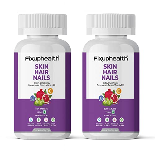 Image of Fixup health Hair Skin Nails Supplement | Biotin Tablets for Hair Growth with Glutathione, Vitamin B12 | Hair Vitamins for Men & Women | Healthy Hair, Skin & Nails | 60 Tablets (Pack of 2)